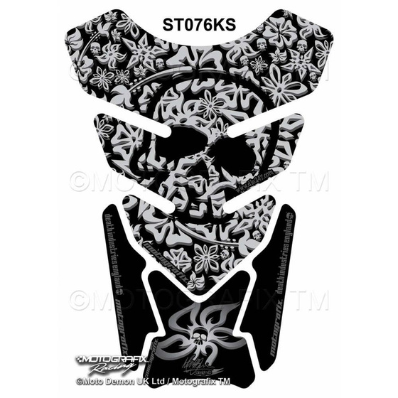MOTOGRAFIX TANKPAD HAWAIIAN ALOHA SKULL SILVER/BLACK ST076KS
