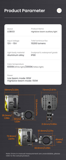 LOBOO L12T światło drogowe i mijania pomocnicze pasuje do rur o średnicy 22/25/28 mm (czarne) (10.1.01003.001.13)