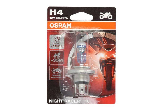 Żarówka (Blister 1szt.) H4 12V 60/55W P43T do 110% większa jasność, do 20% bielsze światło, do 40 m. dłuższe światło stożkowe Night Racer 110%