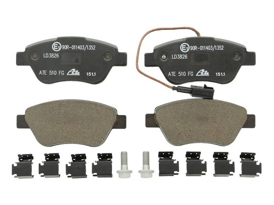 Klocek hamulcowy kpl. ceramiczny przód (z dodatkami, ze śrubami prowadzącymi zacisku hamulcowego) ALFA ROMEO MITO FIAT 500, 500 C, FIORINO, GRANDE PUNTO, LINEA, PANDA, QUBO 0.9-Electric 10.04-