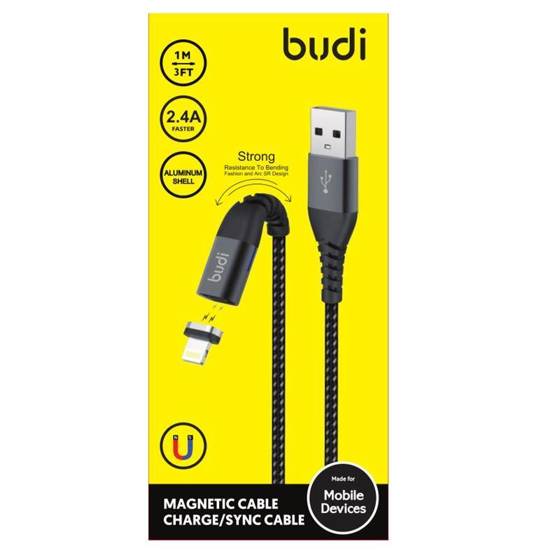 Budi - Kabel USB-A - Lightning z magnetyczną końcówką, aluminiowa obudowa, 1 m (Czarny)