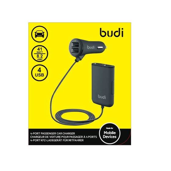 Budi - Ładowarka samochodowa 4x USB, 41W + rozdzielacz na kablu 1,8m (Czarny)