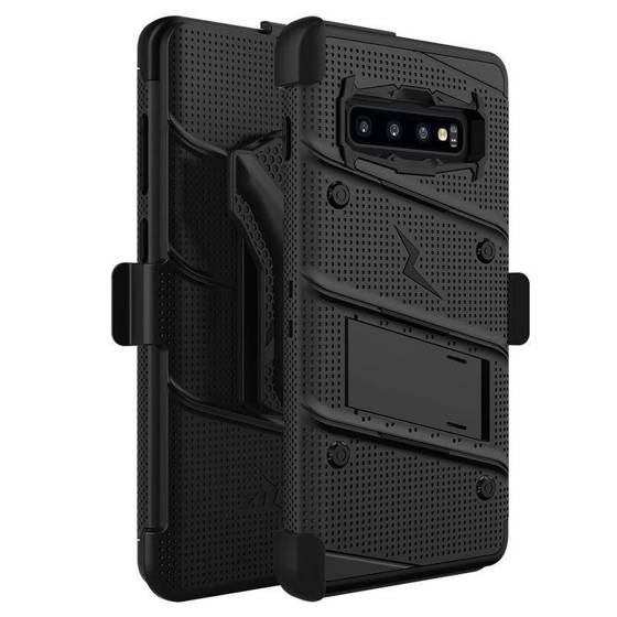 Zizo Bolt Cover - Pancerne etui Samsung Galaxy S10+ oraz podstawka & uchwyt do paska (Black/Black)