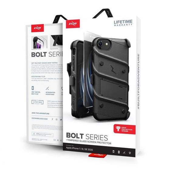Zizo Bolt Cover - Pancerne etui iPhone SE 2020 / 8 / 7 ze szkłem 9H na ekran + podstawka & uchwyt do paska (czarny)